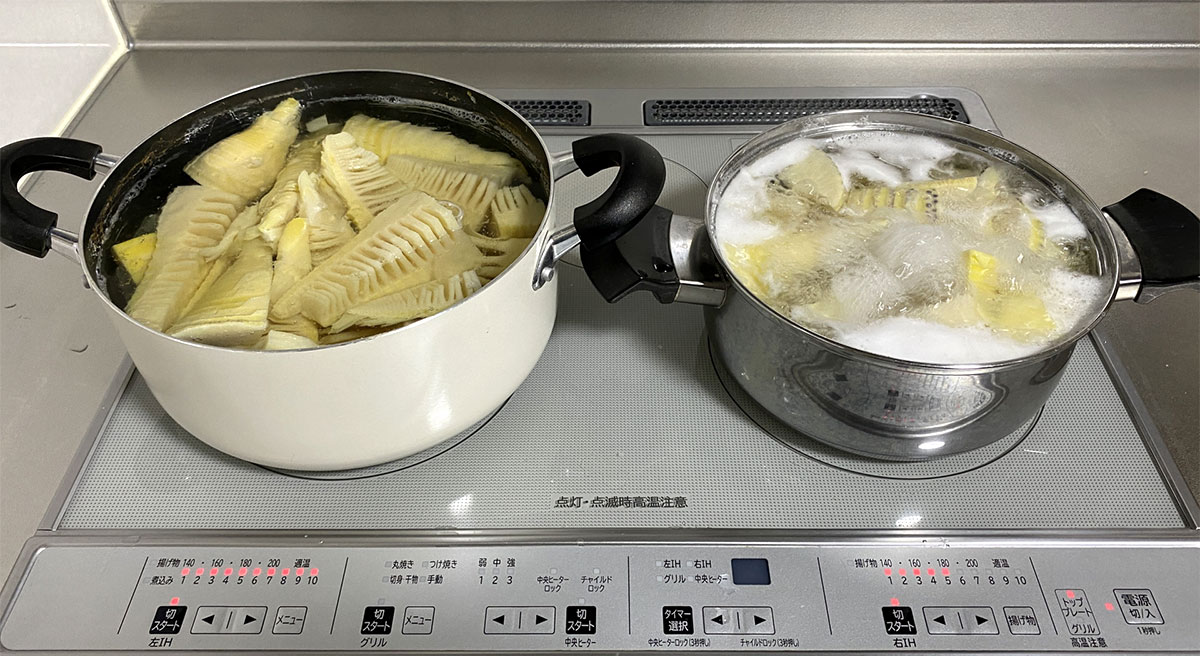 put the bamboo shoots in a pot and add more rice bran to boil.