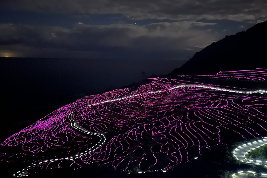 The terraced paths are decorated with 25,000 solar LEDs.