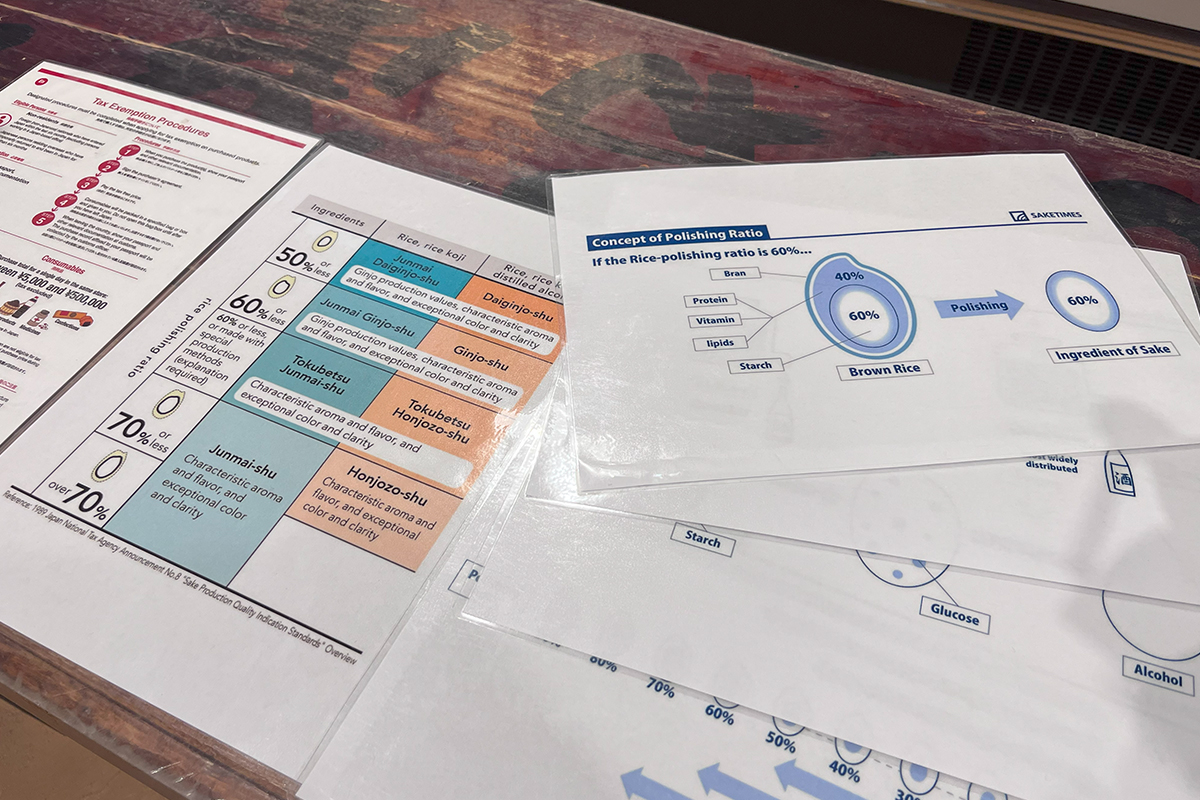 During the tasting, multilingual staff will explain the process. English explanatory materials are also available to help you learn about the production process and types of sake.