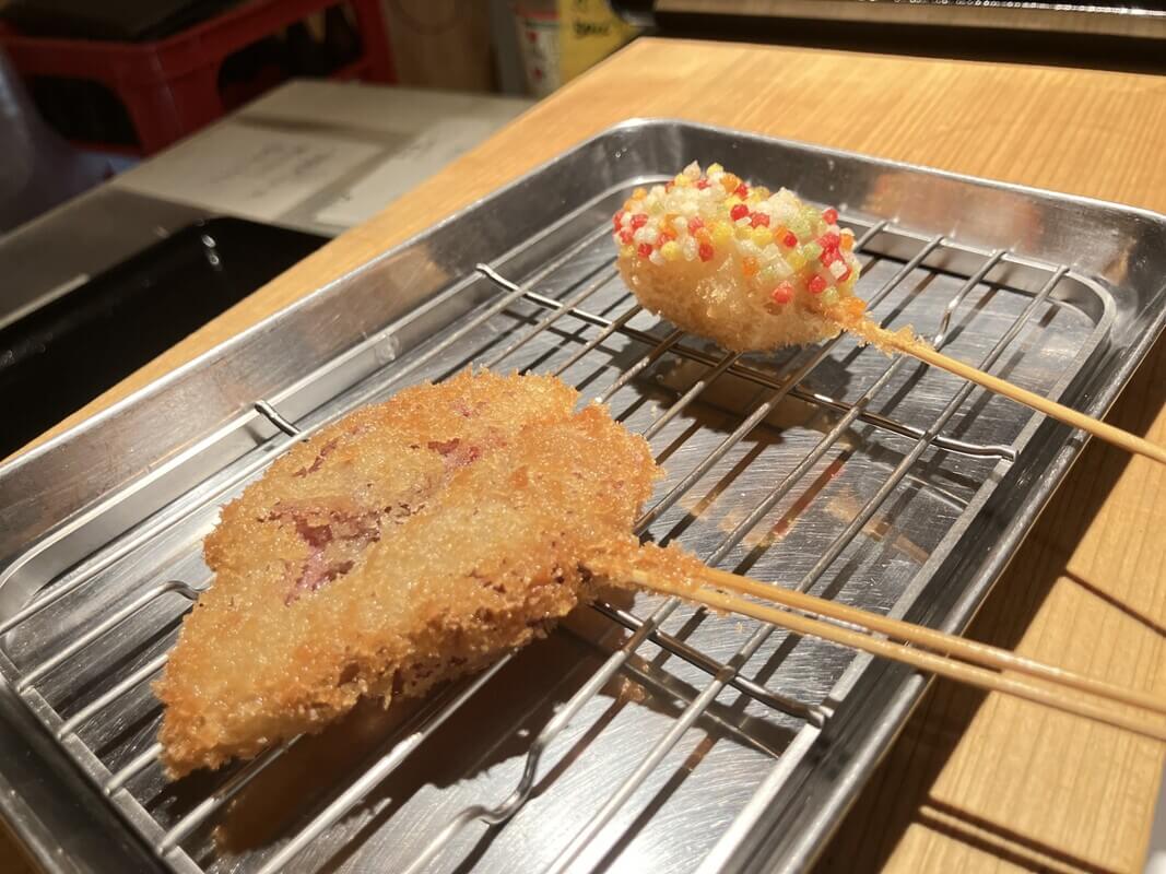 Myoga and Mochi (rice cake) skewers popular at popular kushikatsu bar Kei