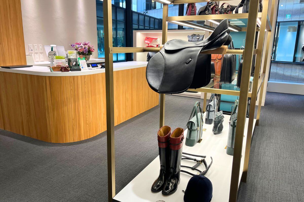 A saddle, a piece of harness that is necessary when a person rides a horse