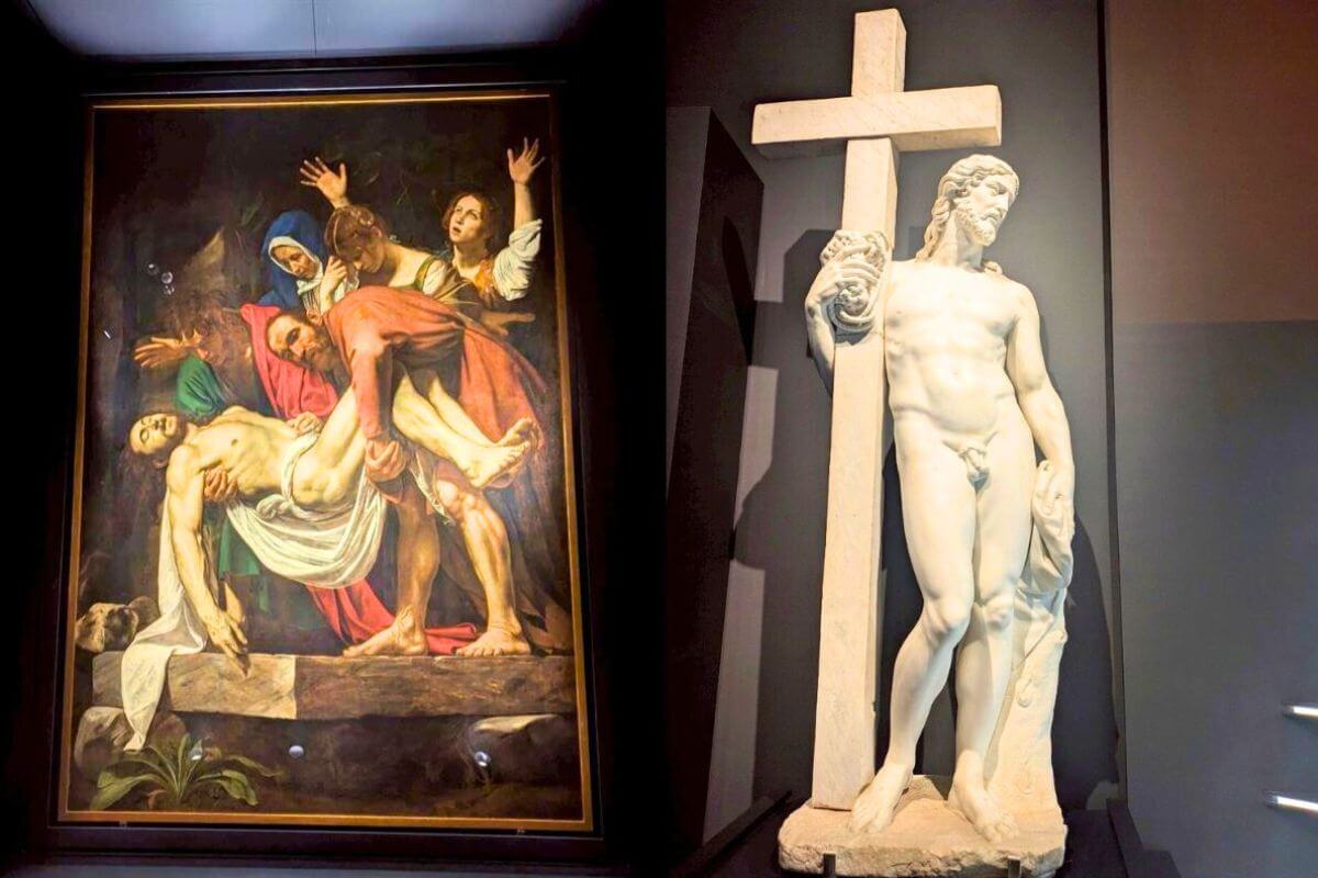 Caravaggio, “Entombment of Christ” (left) Michelangelo, “The Resurrection of Christ” (right)