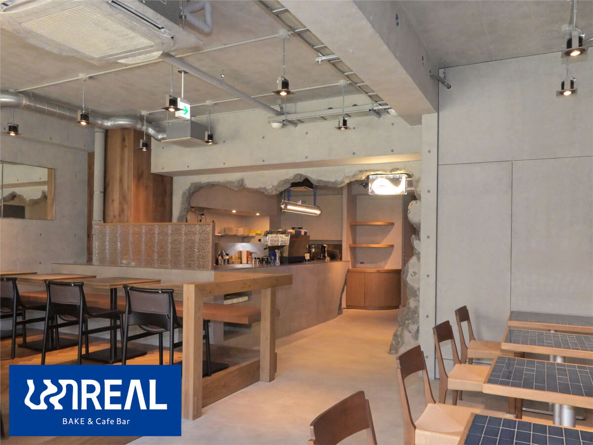 Interior of BAKE & Cafe Bar “UNREAL” in Namba, Osaka