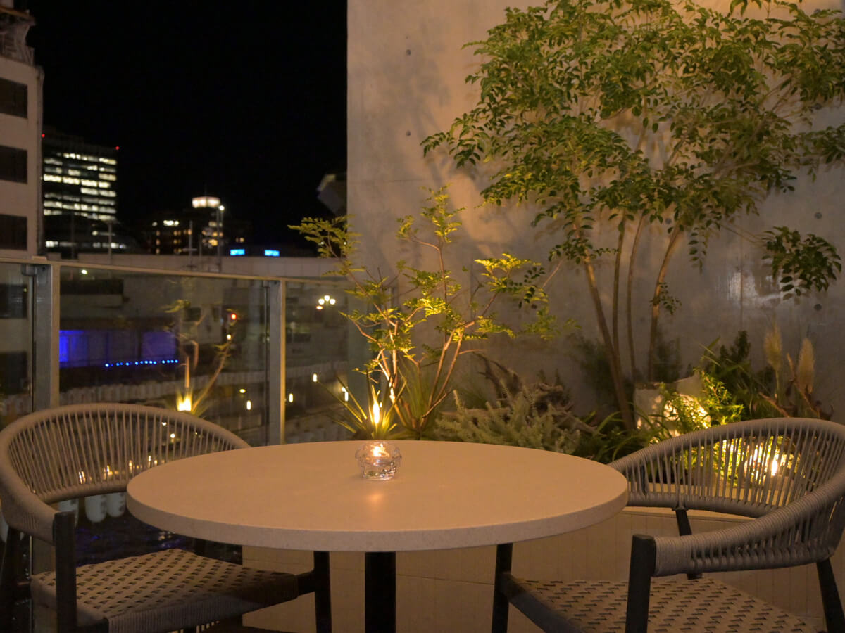Nighttime terrace seating