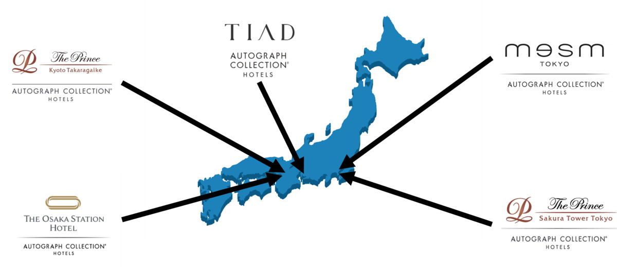 Map of Locations for Five Autograph Collection Hotels in Japan