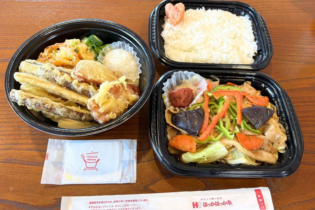 Stamina Nikumori Yasaiitame Bento (right), Stamina Tempra Hiyashi Ume Oroshi Udon (left)