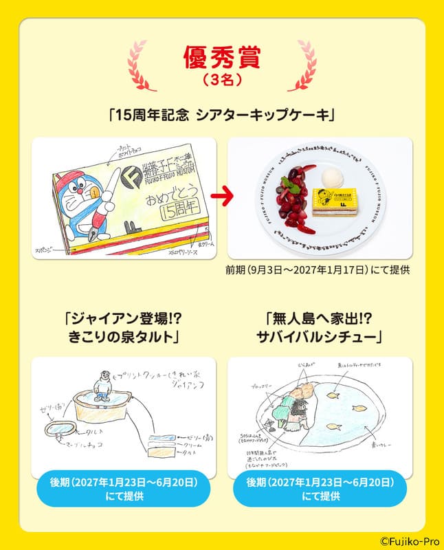 xcellence Award: Top: “15th Anniversary Theater Ticket Cake” Bottom Left: “Gian Makes an Appearance⁉ The Woodcutter’s Spring Tart” Bottom Right: “Running Away to a Deserted Island⁉ Survival Stew”