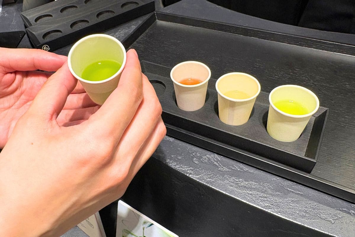 A black counter that clearly highlights the differences between teas